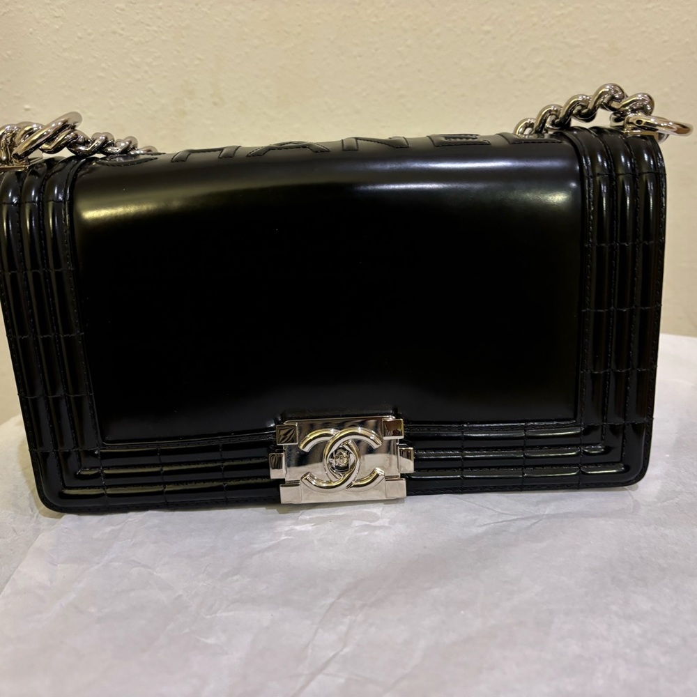 CHANEL Black glazed old medium size boy bag silver hardware. NWT. Never used.